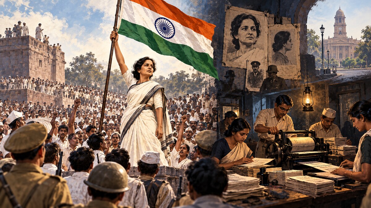 Historical editorial scene of Aruna Asaf Ali raising the flag at Gowalia Tank with an underground press and later Delhi civic service in the background