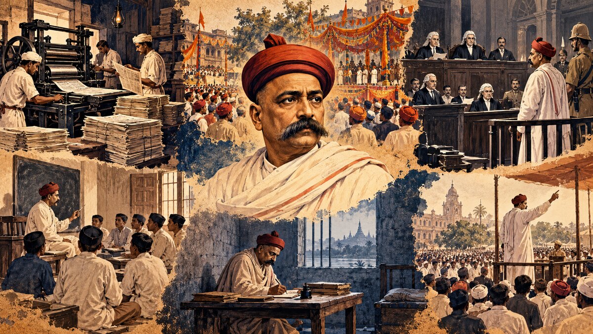 Historical editorial montage of Tilak in a Kesari pressroom, classroom, colonial courtroom, Mandalay cell and Home Rule meeting