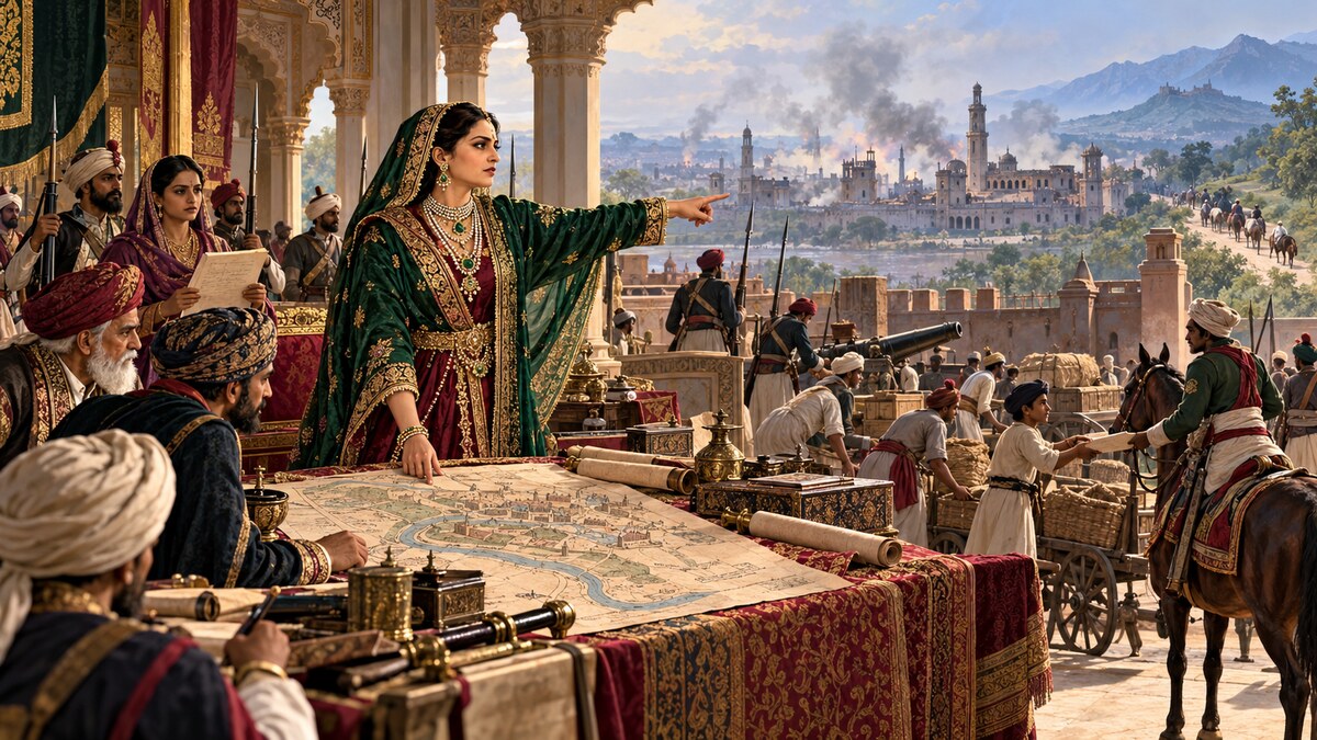 Historically grounded editorial scene of Begum Hazrat Mahal directing the defence of Lucknow with maps, messengers, fortifications, supply carts and smoke over the city