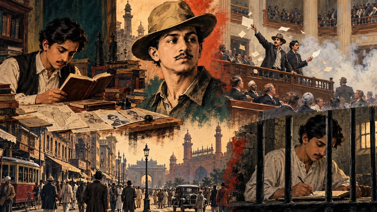 Historical editorial montage of Bhagat Singh reading, HSRA papers, colonial Lahore, Assembly protest smoke and a prison notebook