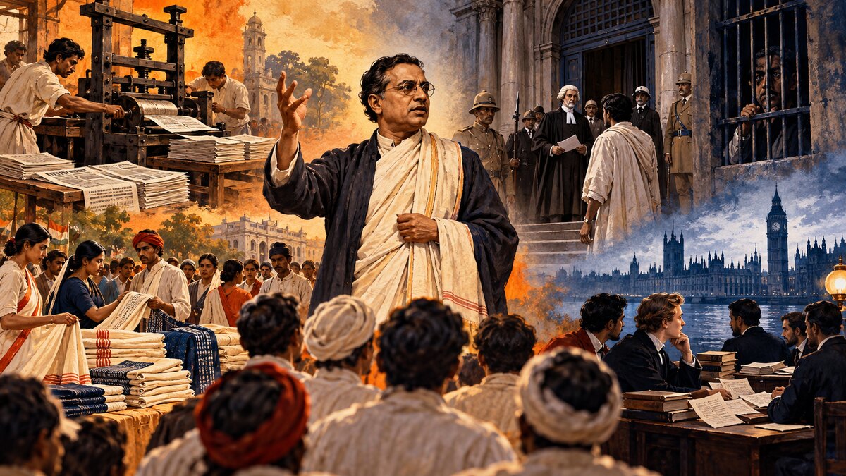 Historically inspired illustration of Bipin Chandra Pal addressing a Swadeshi gathering, with a hand press, indigenous cloth, courtroom bars and India House in London