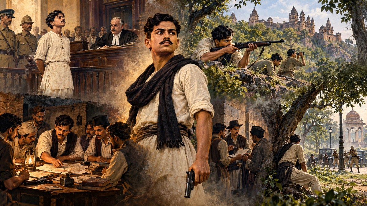 Historical narrative montage of Chandrashekhar Azad from a colonial courtroom through HRA and HSRA organising to Alfred Park