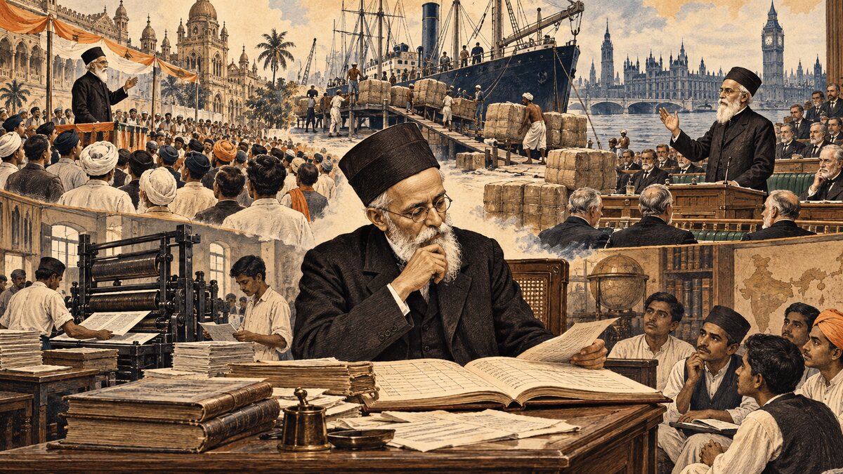 Historically inspired illustration of Dadabhai Naoroji studying trade ledgers, speaking at a London meeting and representing India in the House of Commons