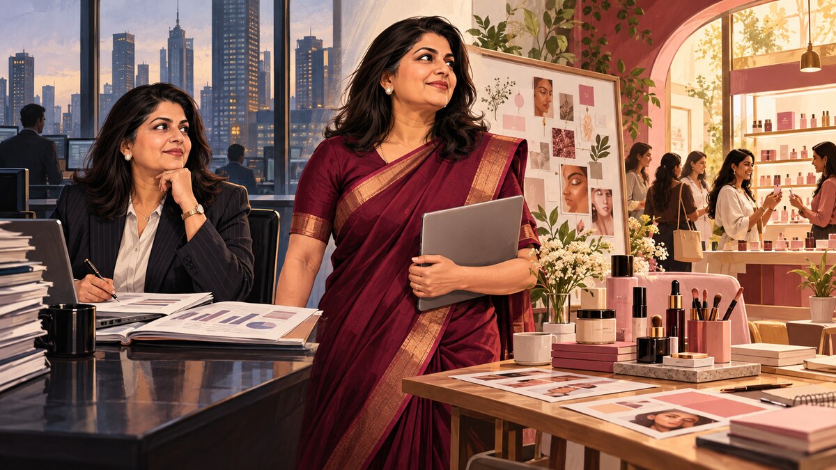 Editorial illustration of a mature Indian woman moving from an investment-banking desk to a beauty-commerce startup studio