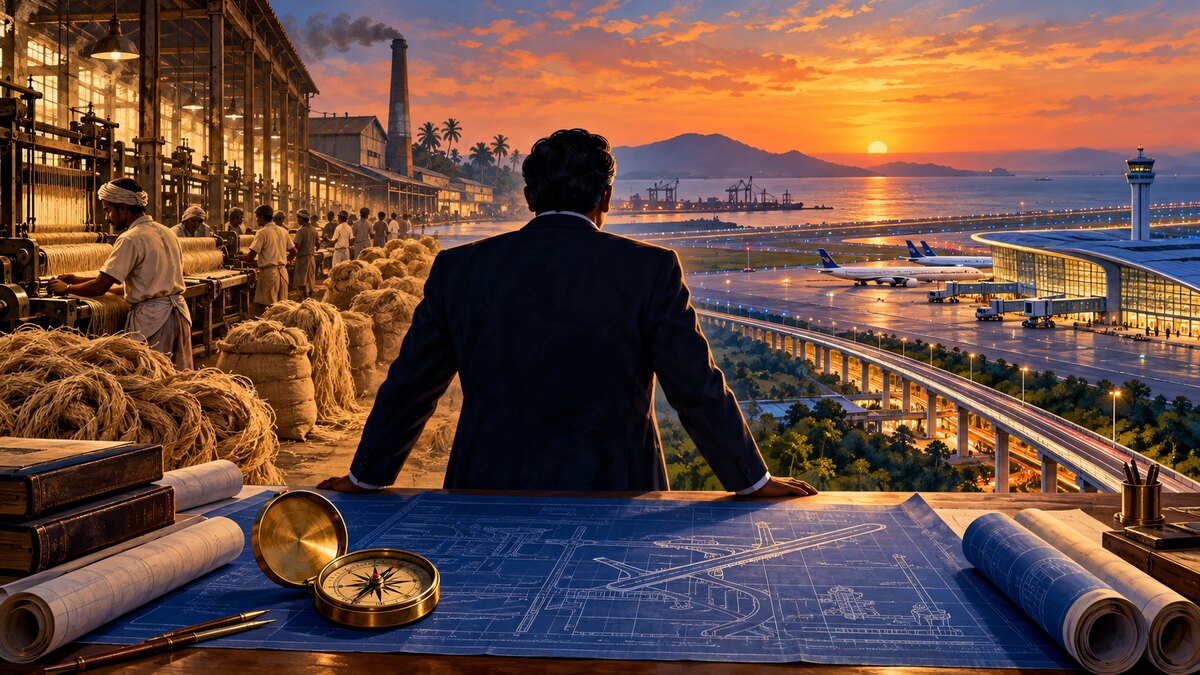 Editorial illustration of an Andhra entrepreneur’s journey from a 1970s jute mill to airports and infrastructure, with a governance compass and blueprint