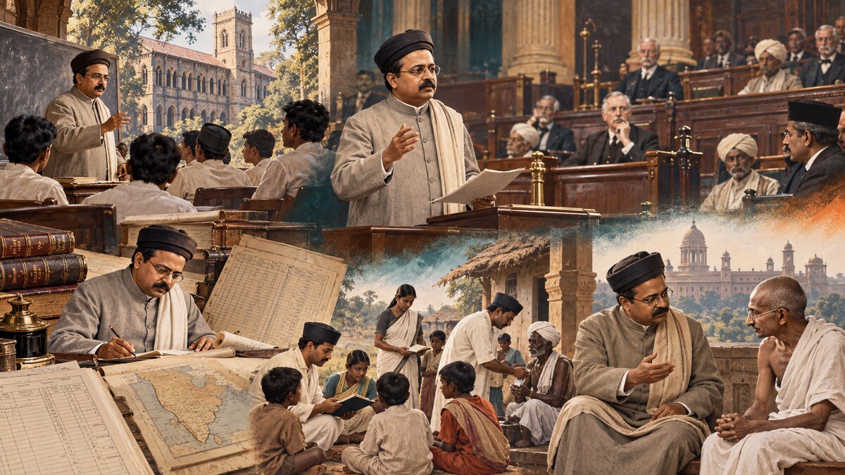 Historical editorial montage of Gokhale teaching, studying finance ledgers, speaking in the legislative council and founding the Servants of India Society