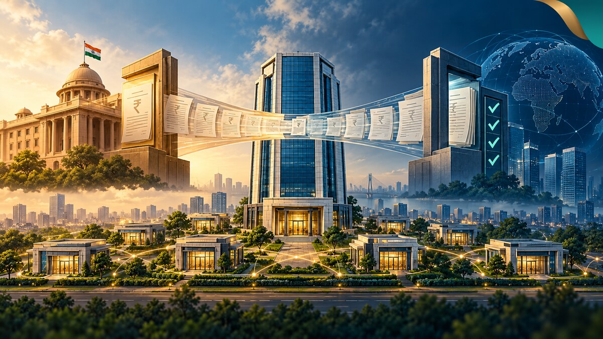 Editorial illustration of an Indian bank network crossing a transparent ownership and regulatory bridge