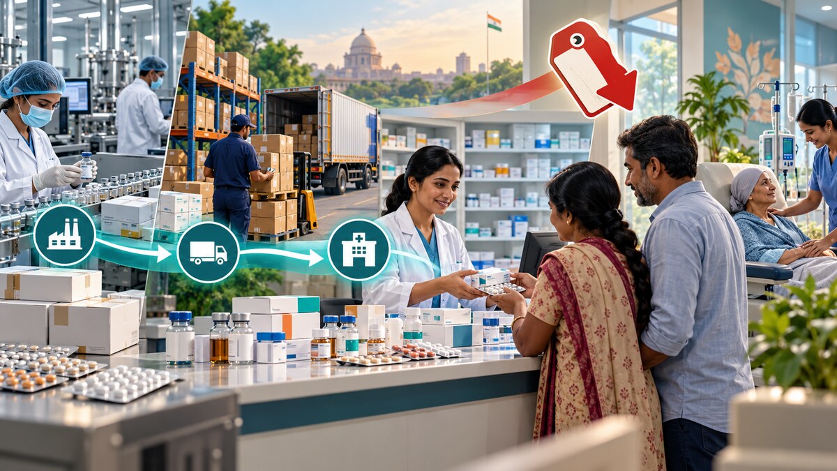 Editorial illustration of the cancer-medicine supply chain from manufacturer and stockist to an Indian hospital pharmacy and patient family