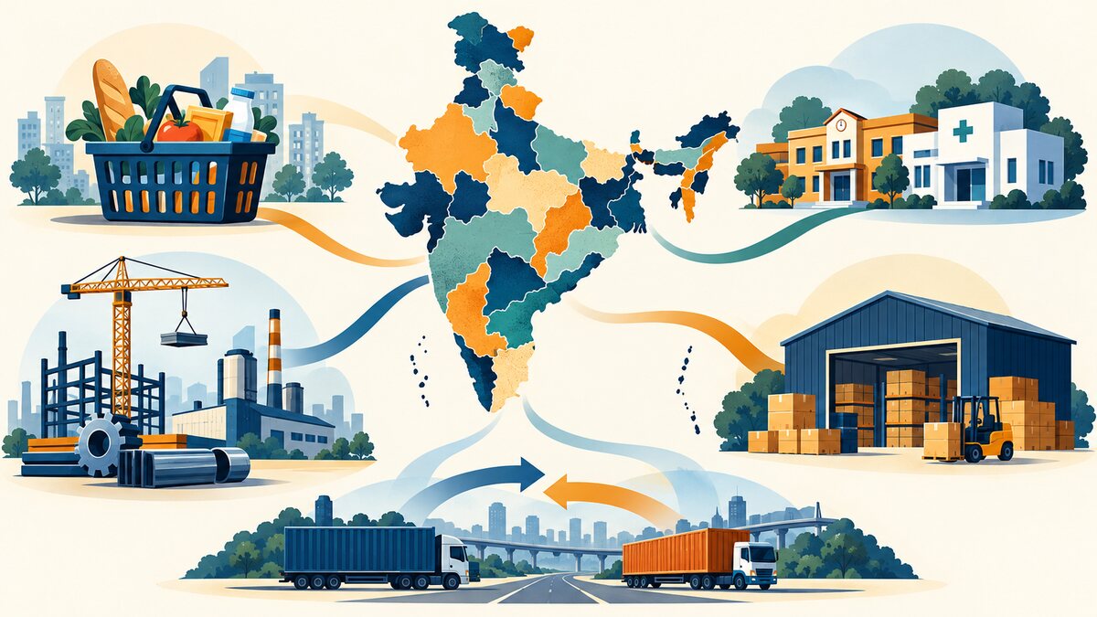 Editorial illustration of Indian state economies connected to household consumption, government services, investment, inventories and trade