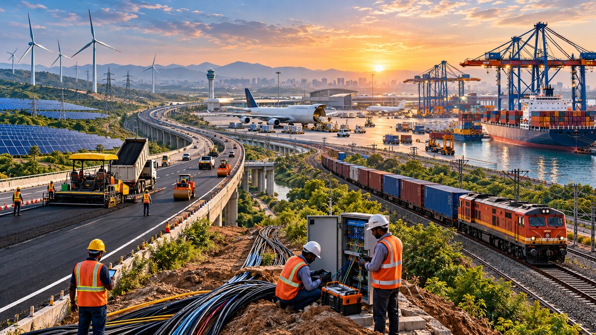 Editorial panorama linking Indian highways, optical fibre, railway freight, air cargo, ports and renewable power