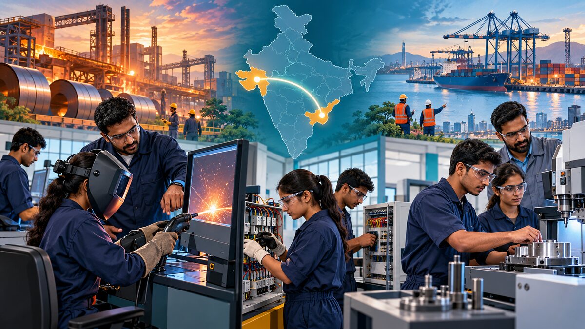 Editorial illustration of upgraded ITI workshops in Surat and Visakhapatnam with modern welding and mechatronics labs, instructors and trainees
