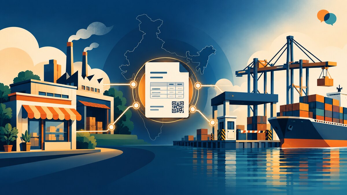 Editorial illustration linking an Indian GST invoice network with domestic businesses and container imports