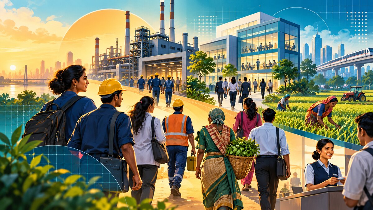 Editorial illustration of women and men moving toward factory, office, farm and service-sector work in India