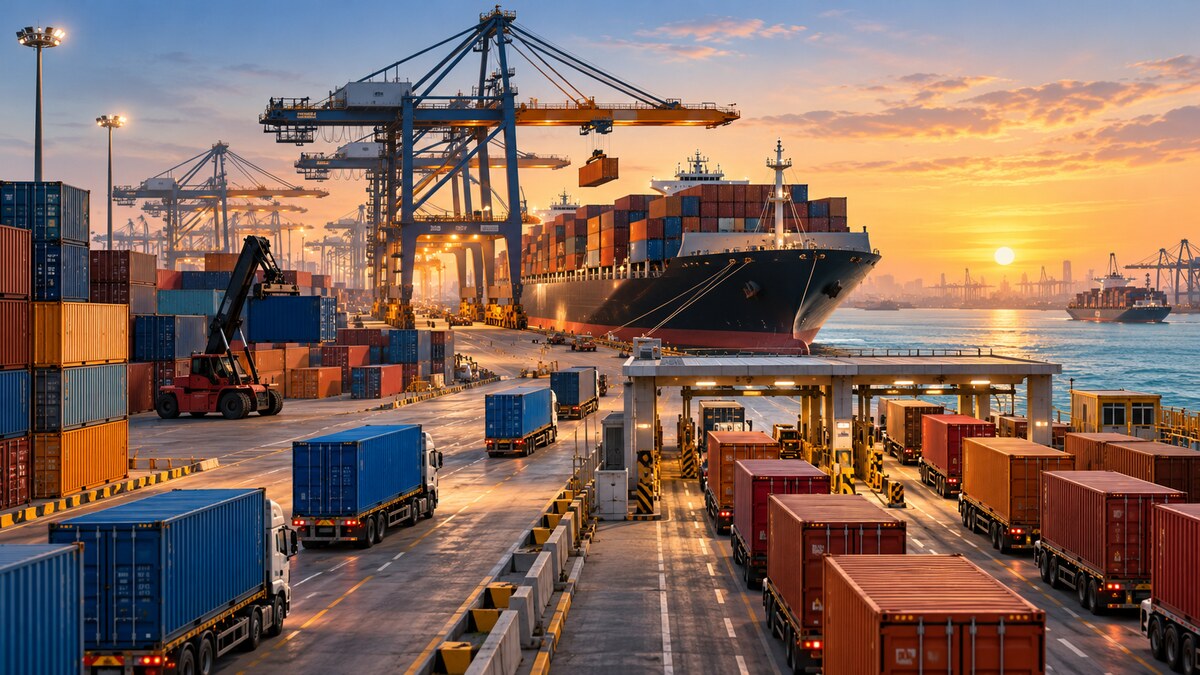 Editorial illustration of cargo ships, cranes and container flows at an Indian port