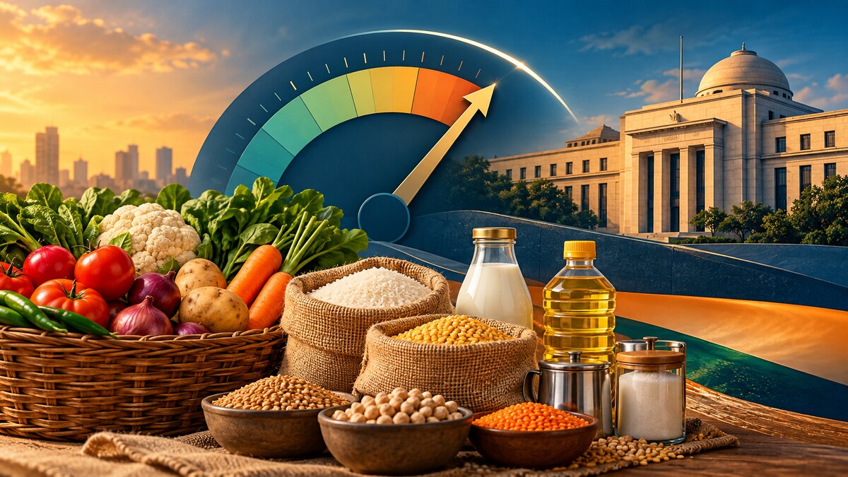Editorial illustration of an Indian household market basket, vegetables and staples under price pressure, an inflation gauge near a ceiling and an RBI building silhouette