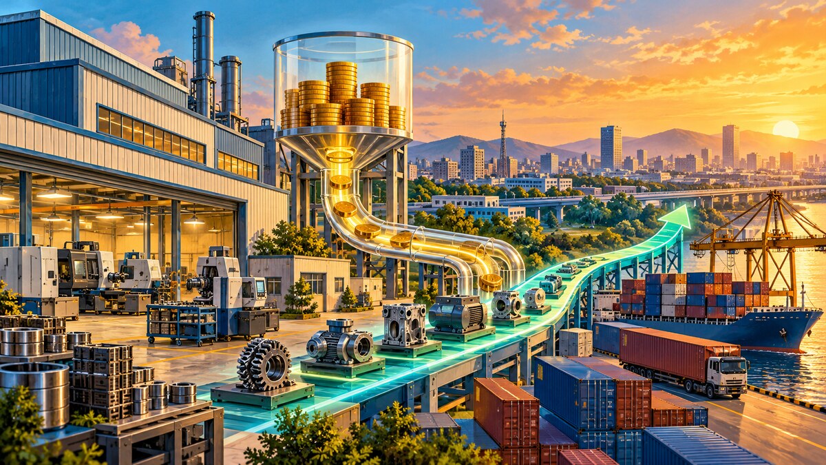 Editorial illustration of an Indian SME factory receiving patient equity capital for machinery, city clusters and exports