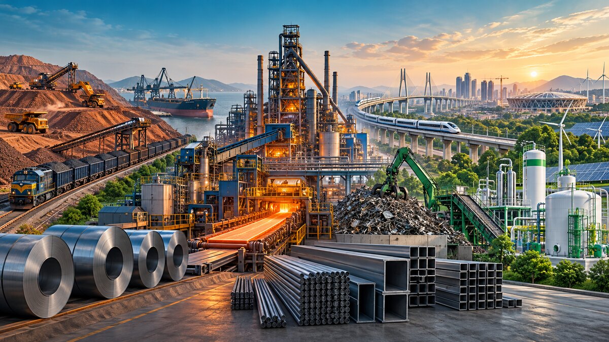 Editorial illustration of India’s steel expansion linking furnaces, infrastructure, raw-material supply, scrap recycling and lower-carbon technology