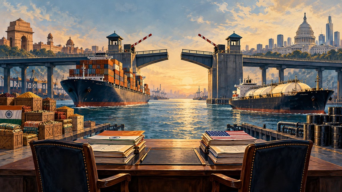 Editorial illustration of an India–US trade corridor paused at a negotiation bridge with exports, tariff papers and energy shipments