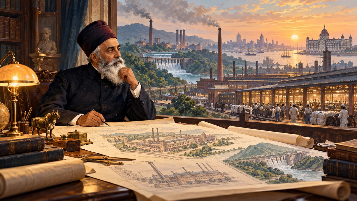 Historical editorial illustration of Jamsetji Tata studying industrial plans beside mills, water power and Bombay
