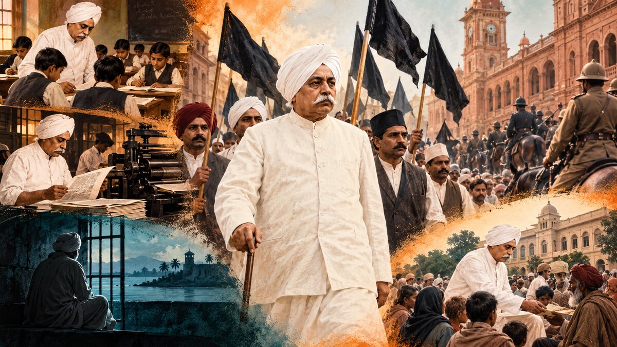 Historically inspired illustration of Lala Lajpat Rai leading a black-flag Simon Commission protest, with a DAV classroom, printing press and Mandalay prison silhouette