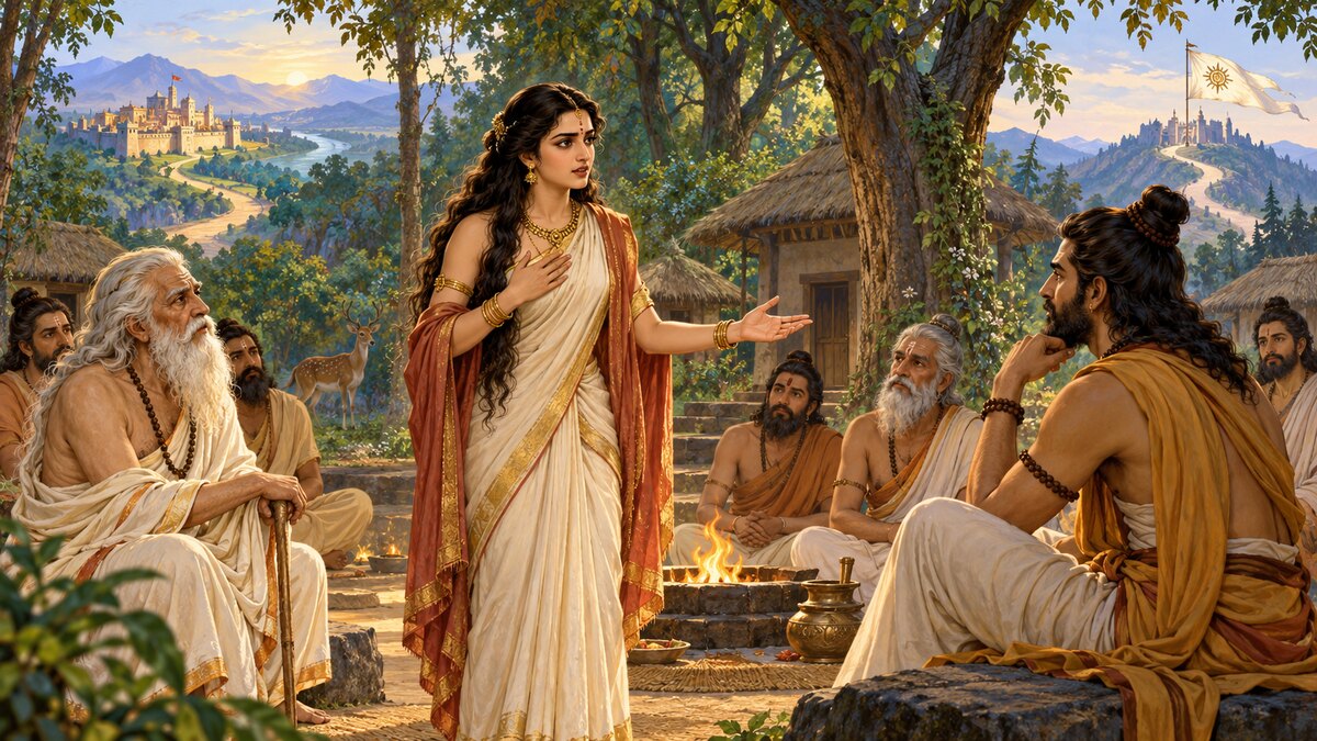 Epic illustration of Amba speaking to Akritavrana in a forest hermitage while Hotravahana and sages listen and two distant paths suggest Salva and Bhishma
