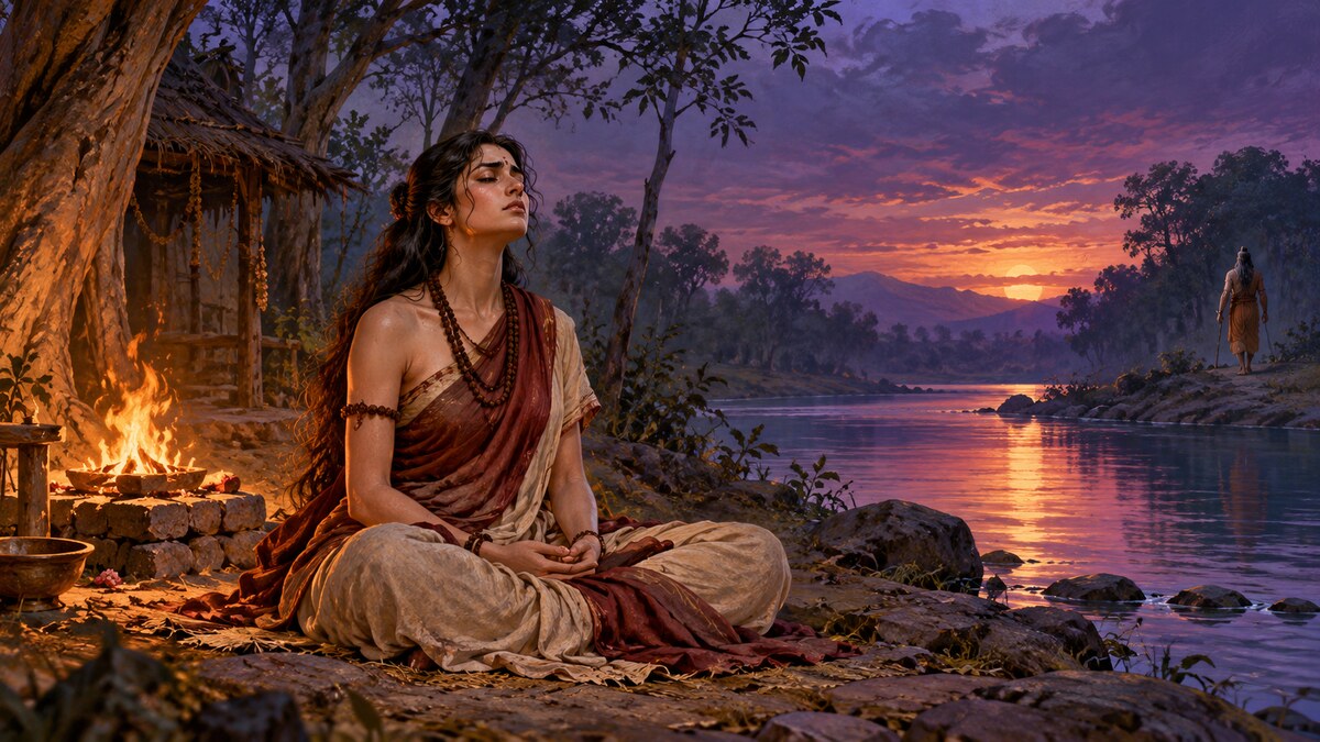 Epic illustration of Amba beginning meditation beside the Yamuna at twilight