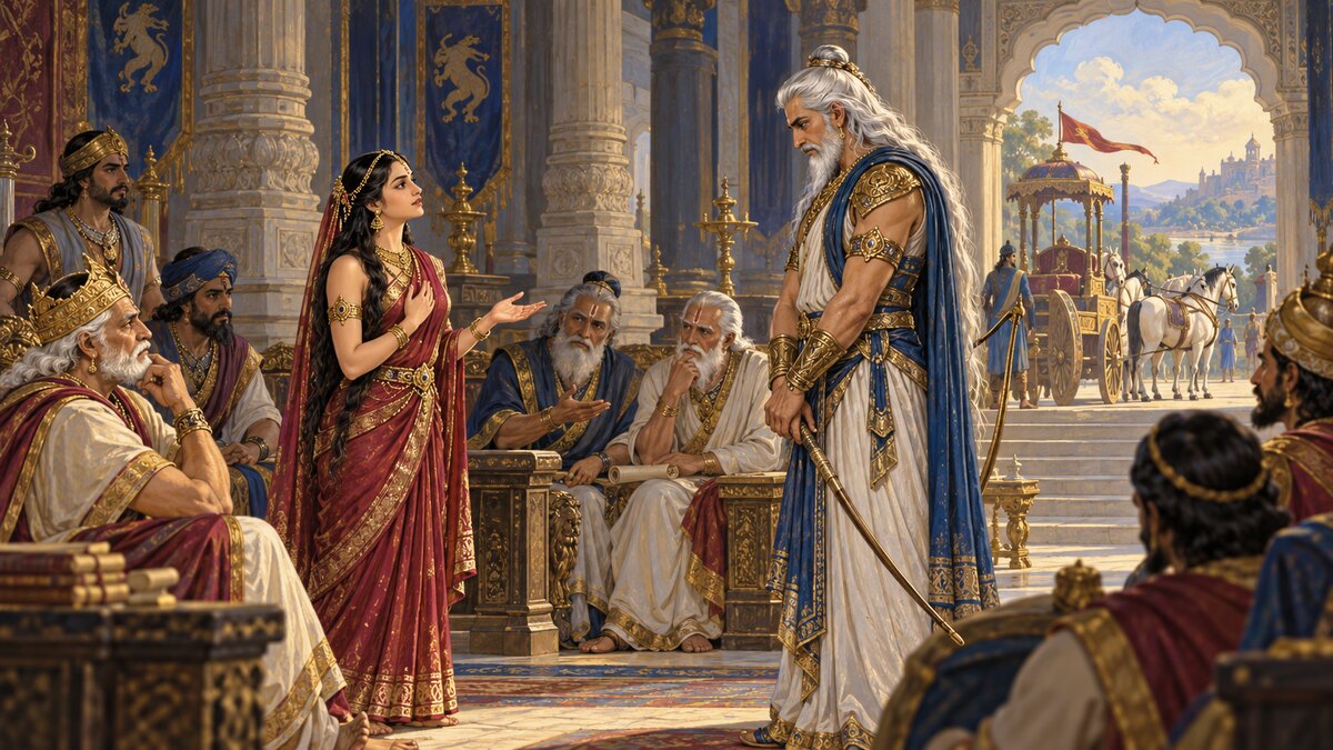 Epic council illustration of Amba speaking with dignity while Bhishma listens and elders consult, with a chariot ready outside