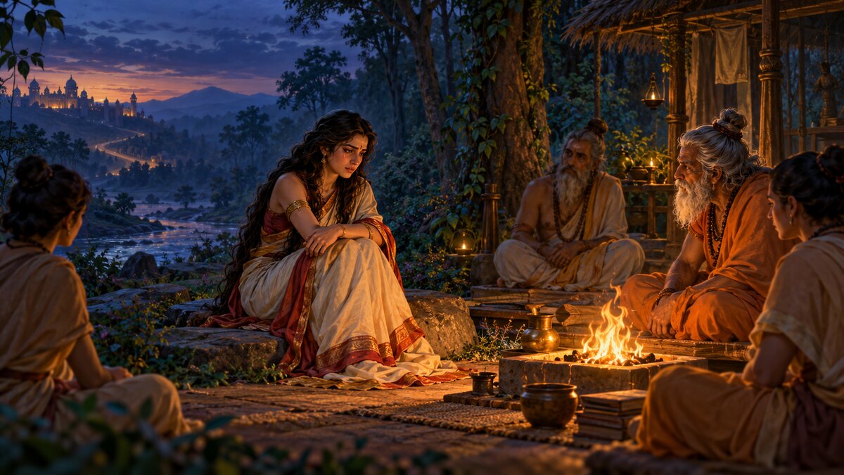 Epic illustration of Amba entering a quiet forest hermitage at dusk as ascetics gather beside sacred fire and trees