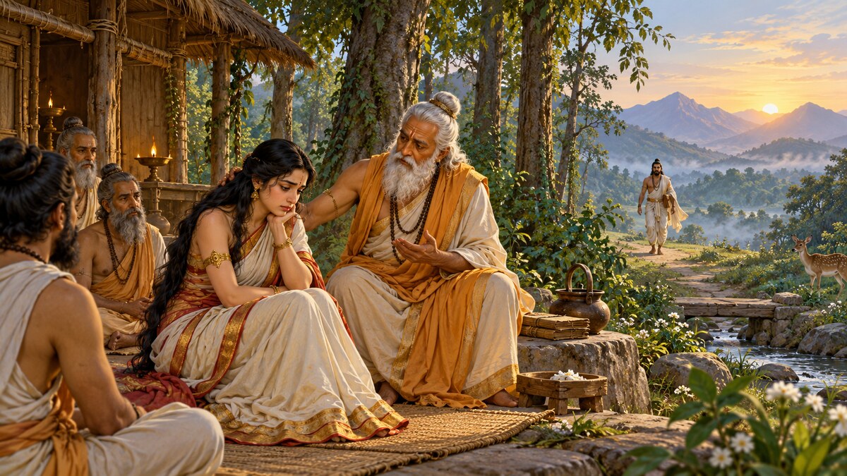 Mahabharata illustration of grieving Amba receiving counsel from her grandfather Hotravahana in a forest hermitage as Akritavrana approaches