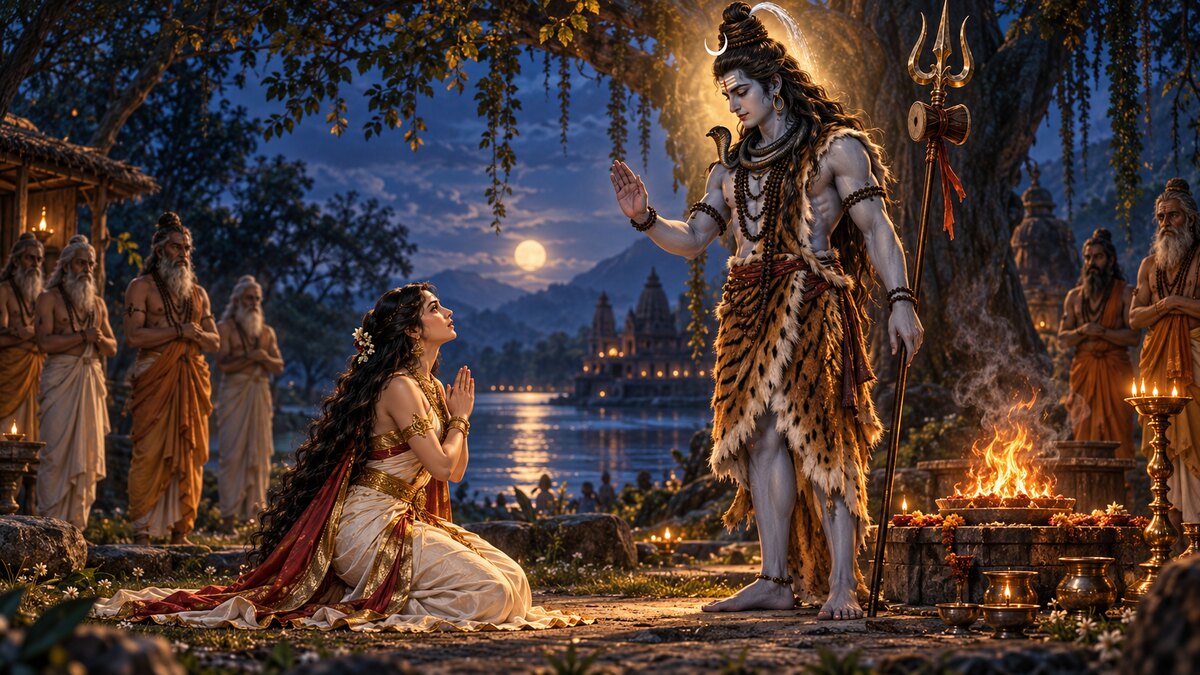 Epic illustration of Amba receiving Shiva's boon beside the Yamuna with ascetics and a ceremonial fire