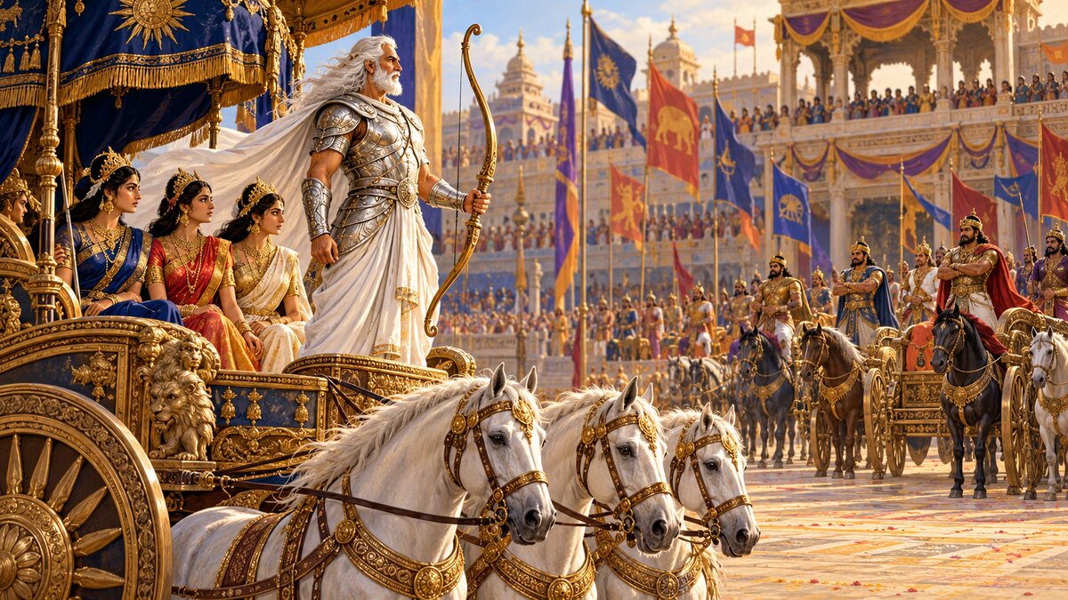 Epic illustration of Bhishma’s chariot with the three Kashi princesses facing assembled kings at the swayamvara