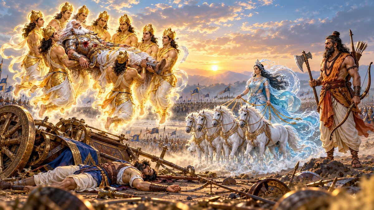 Classical epic illustration of Bhishma’s disrupted chariot, fallen charioteer, eight luminous guardians and Ganga holding the reins while Parashurama stands across the field