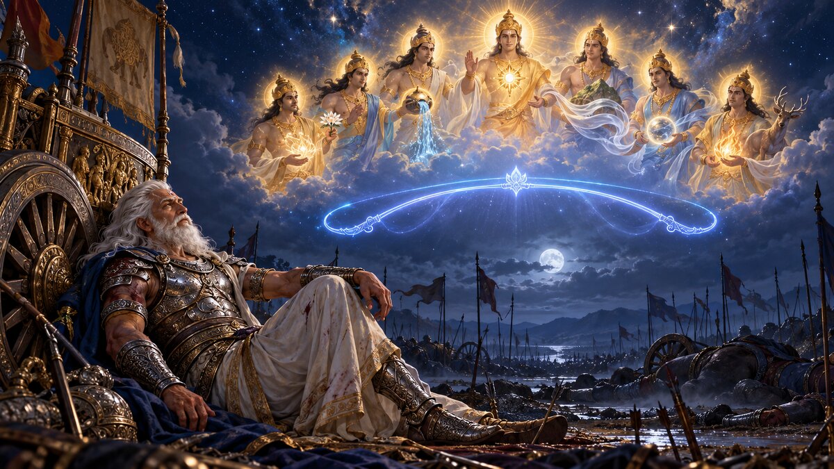 Classical epic night illustration of wounded Bhishma beside his chariot as eight radiant Vasus reveal a luminous sleep-weapon symbol in a dream
