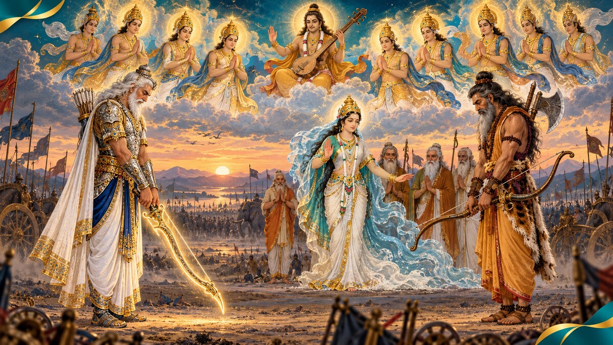 Bhishma and Parashurama lowering weapons as Narada, the Vasus, Ganga and sages intervene