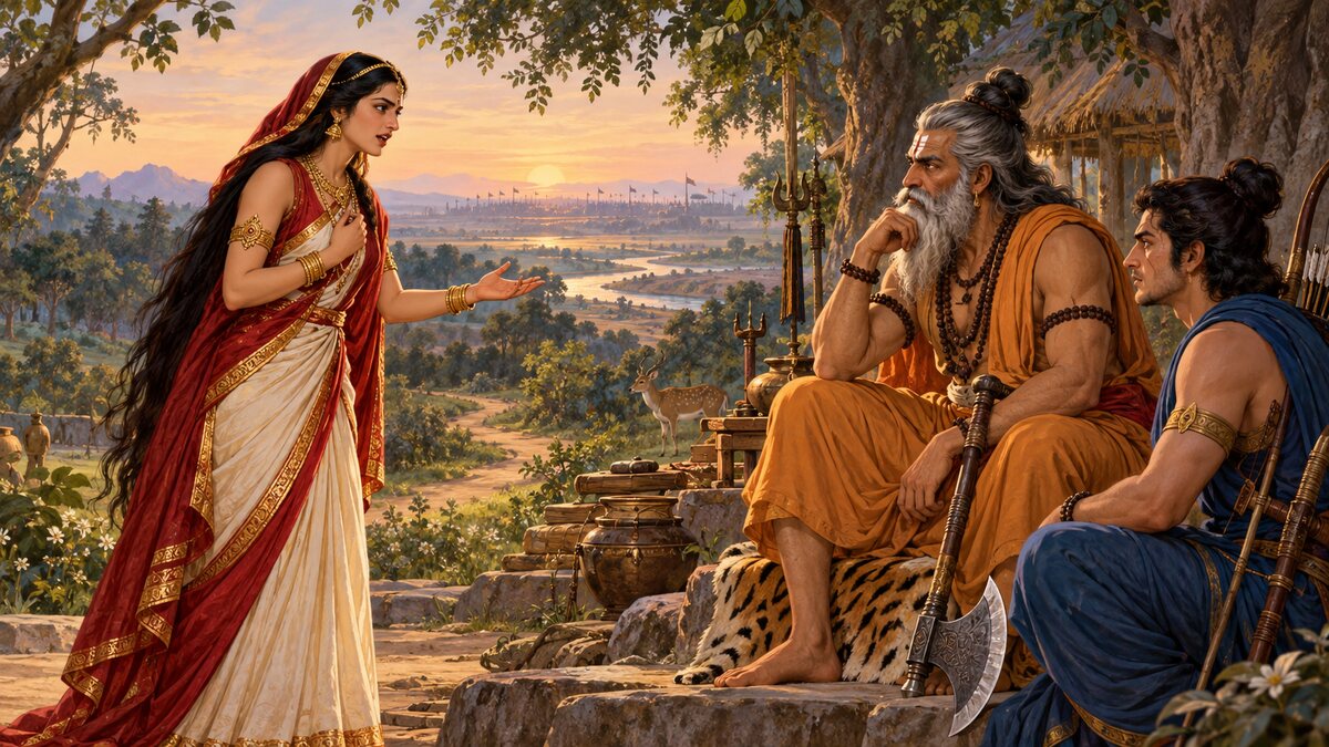 Epic illustration of Amba presenting her plea to Parashurama and Akritavrana before a dawn journey toward Kurukshetra