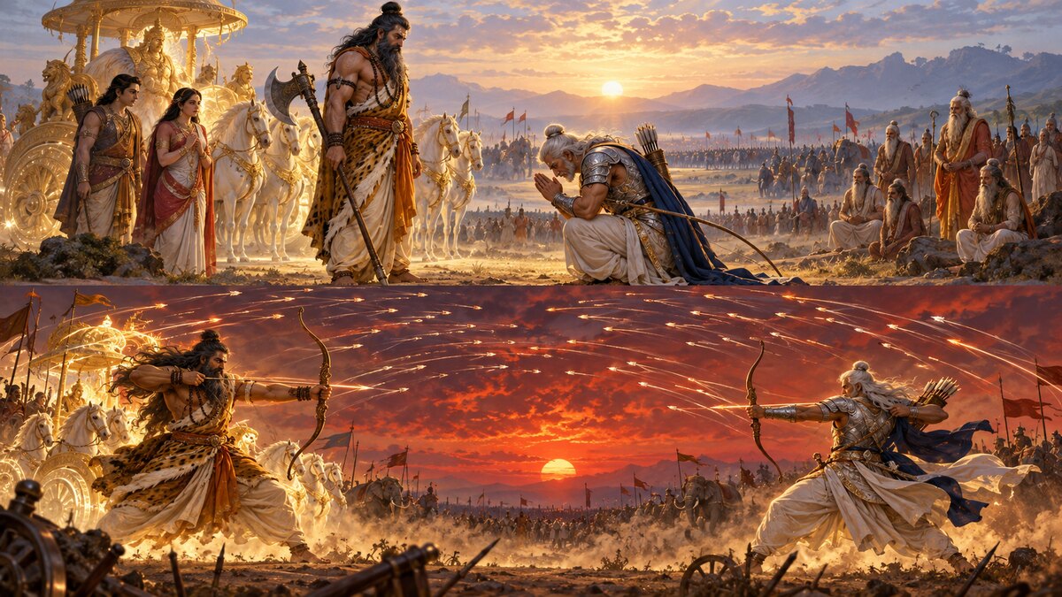 Epic illustration of Bhishma saluting Parashurama before their first day of combat as Amba and sages watch at Kurukshetra