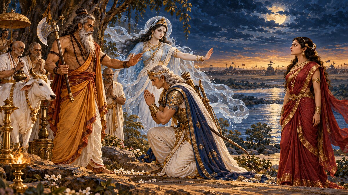 Epic illustration of Bhishma respectfully receiving Parashurama while Amba and Ganga stand near the Kurukshetra horizon