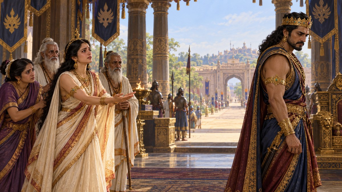 Epic court scene of Amba appealing to Salva as he turns away while her nurse and elderly escorts stand behind her