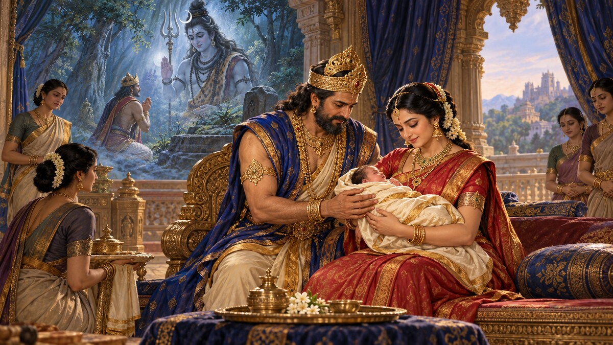 Epic illustration of King Drupada and his queen holding infant Shikhandini with a remembered vision of Shiva's boon