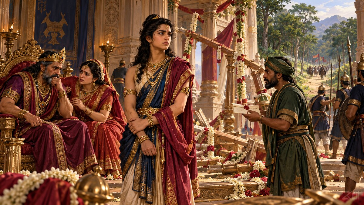 Epic palace scene with Shikhandini, anxious Panchala rulers, a Dasharna messenger and a forest path beyond the wedding pavilion