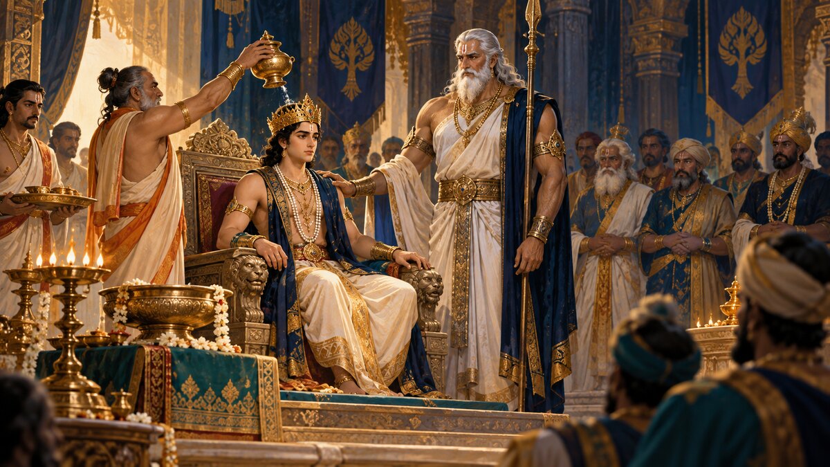 Epic editorial painting of young Vichitravirya at his coronation with Bhishma standing beside him as guardian
