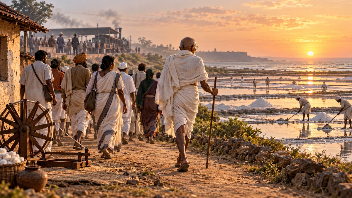 Historical editorial illustration of Gandhi leading diverse marchers toward coastal salt pans at sunrise