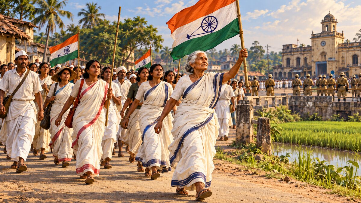 Historically inspired illustration of Matangini Hazra leading a women-rich 1942 procession toward Tamluk with Congress charkha flags