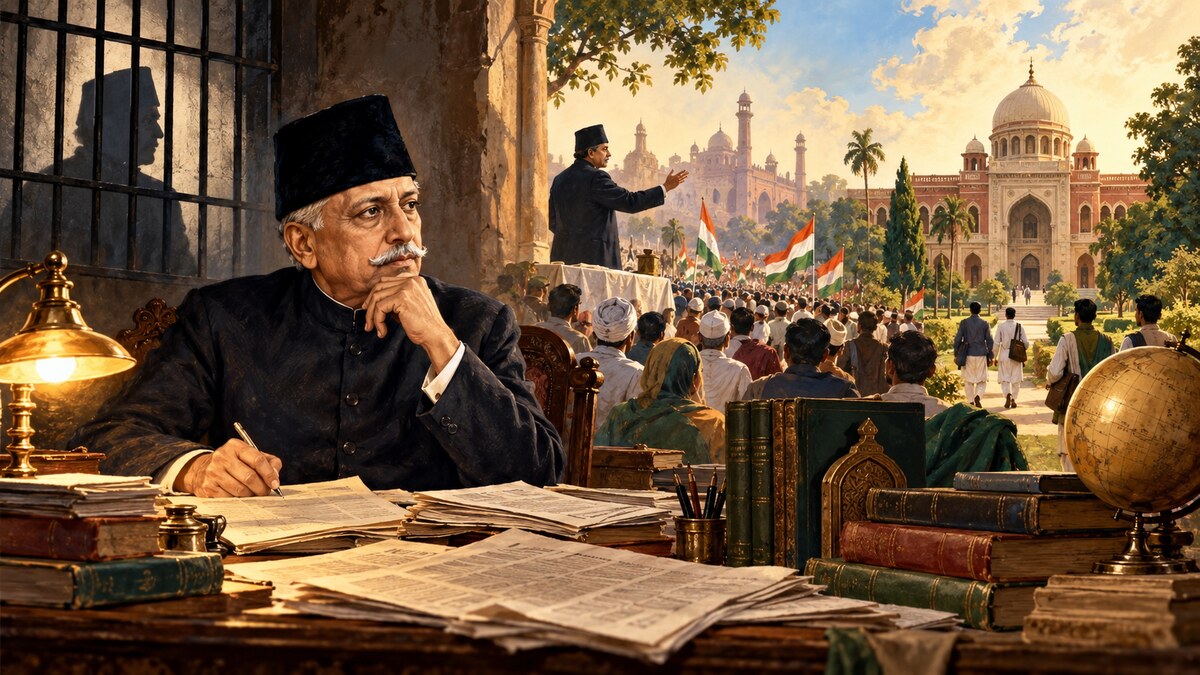 Historical editorial illustration of Maulana Azad writing beside a public meeting, prison shadow and university books