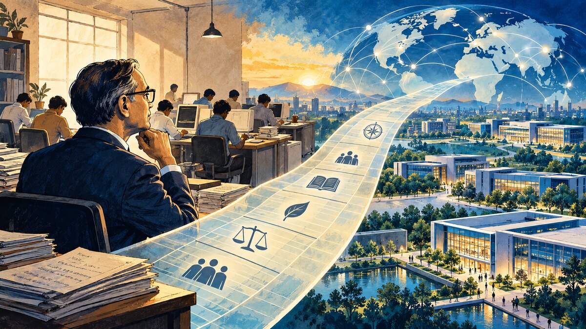 Editorial illustration of a modest early software office growing into a global technology network with a founder silhouette and governance ledger