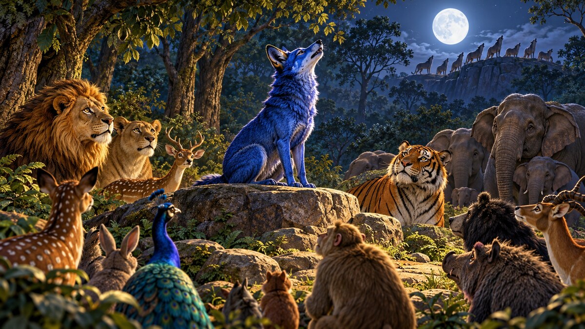 Indian storybook scene of a blue jackal before forest animals while ordinary jackals howl in the moonlit distance