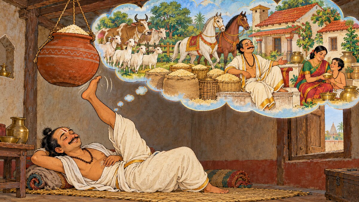 Indian manuscript-style illustration of a Brahmin beneath a hanging meal jar while goats, cattle, horses and a house appear in his dream