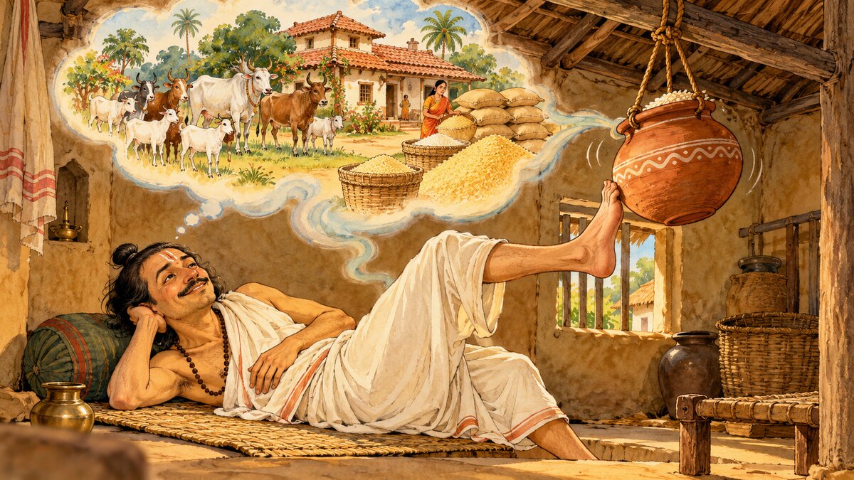 Traditional storybook illustration of a Brahmin dreaming of livestock and prosperity while his foot nears a hanging grain pot