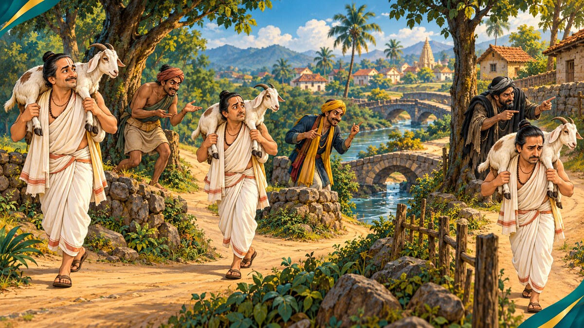 Storybook scene of a Brahmin carrying a goat past three disguised rogues on a winding rural road