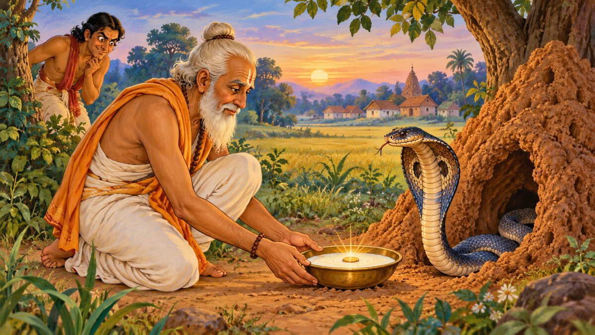 Panchatantra illustration of a Brahmin offering milk to a calm serpent beside an anthill as one gold coin gleams